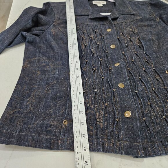 Coldwater Creek Jacket Size 16 Pintucked Blue Denim Snap Front Metallic Gold - Picture 11 of 11